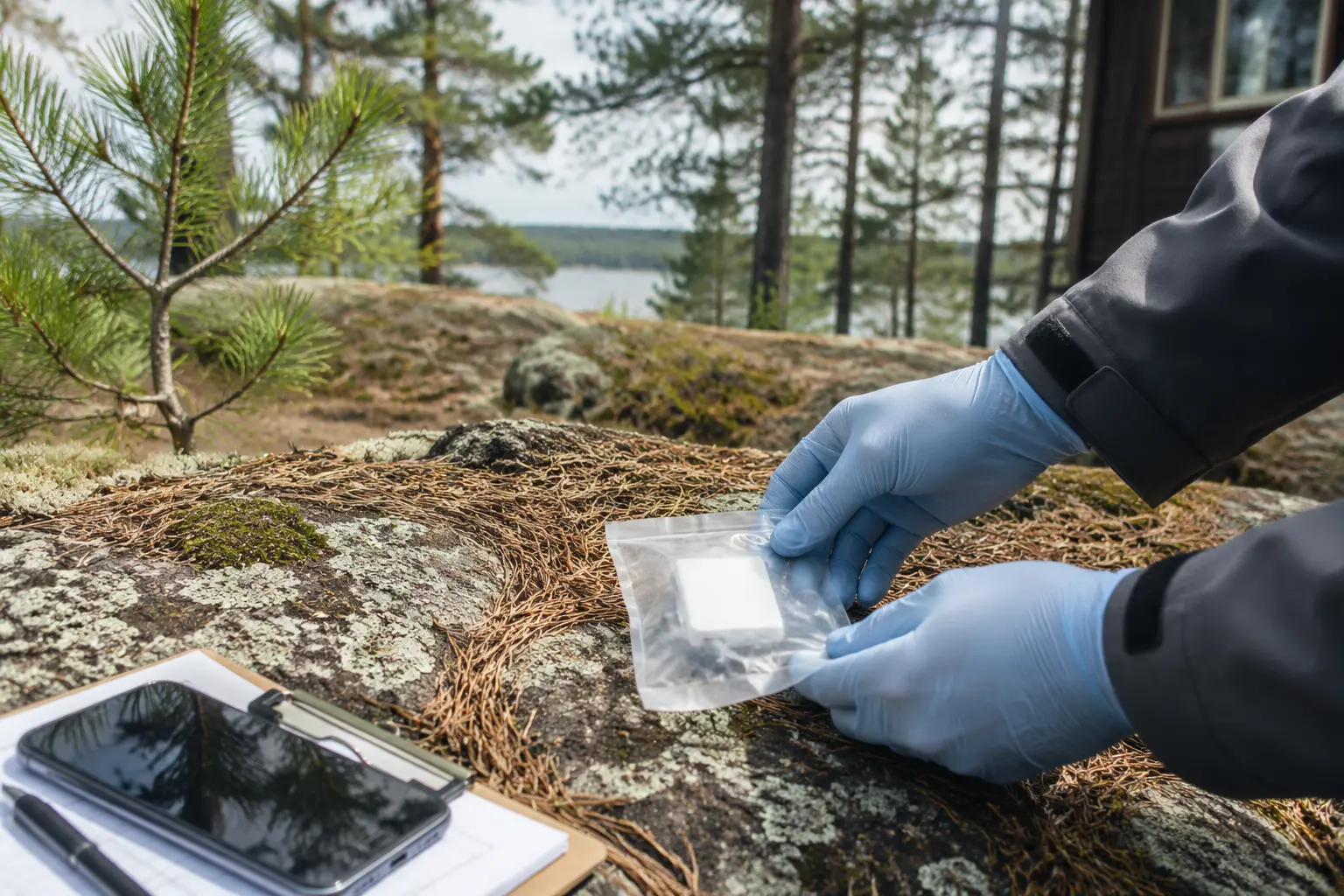 Gloved field worker placing a sealed passive environmental monitoring kit on a rocky Northern Minnesota site