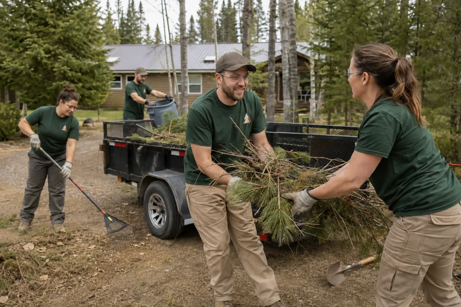 Four workers in branded Range Regional Services shirts clearing branches together at a wooded Northern Minnesota home